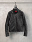HEAVY‑DUTY DIAGONAL PLACKET DARK HIGH‑COLLAR LEATHER JACKET