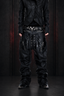 NICHE DOUBLE WAISTBAND PU SPLICED DRAWSTRING ZIPPER COATED JEANS