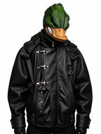 HEAVYWEIGHT MOTO LEATHER JACKET HOODED COAT, AIRPLANE BUTTON PLACKET, PLUSH LINING