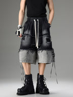 DISTRESSED RAW-EDGE PATCHWORK DENIM SHORTS