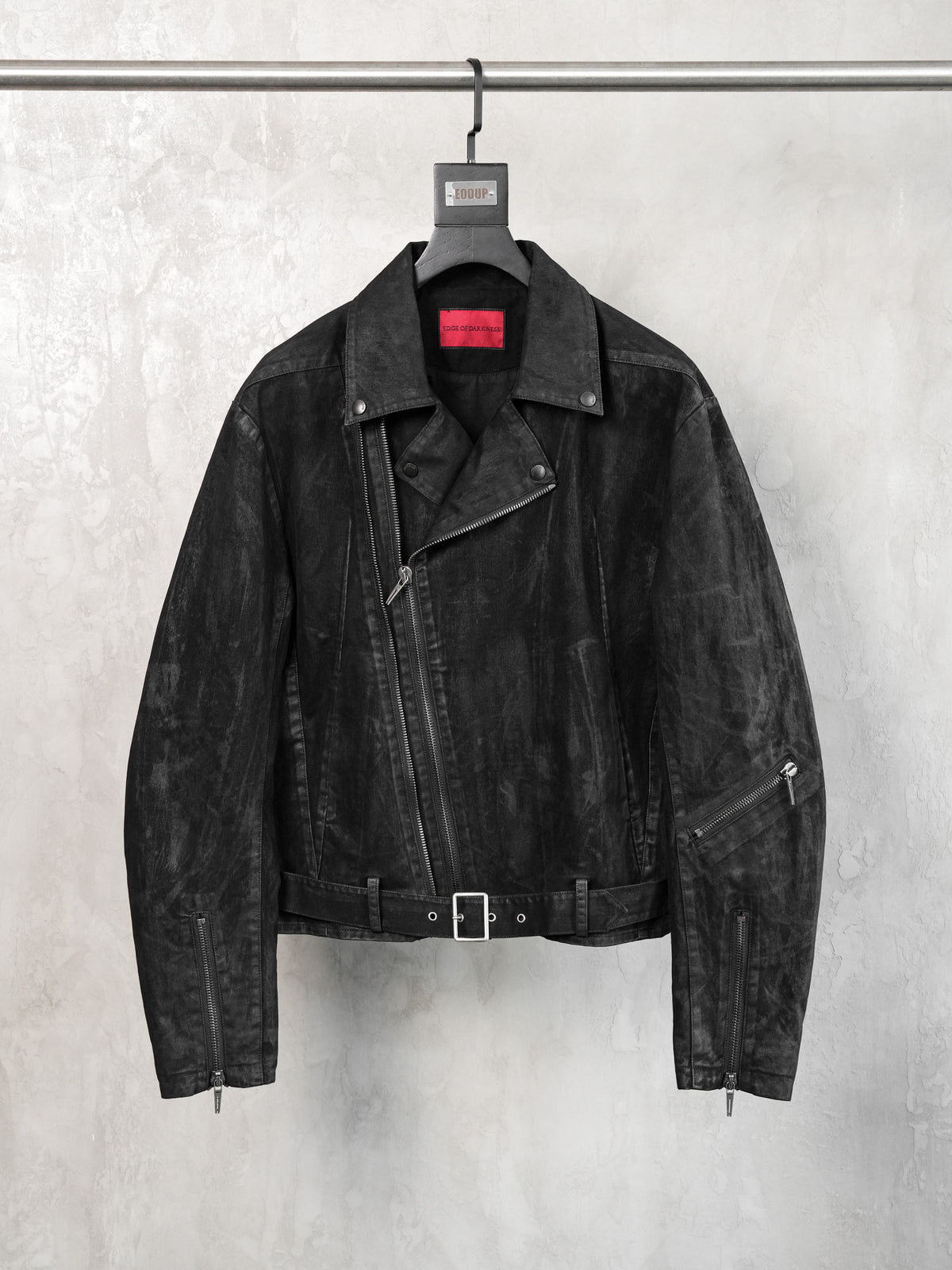 HEAVY‑DUTY WAXED LAPEL COLLAR DUAL‑ZIPPER CROPPED WIDE TWILL BIKER JACKET