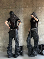 WAXED PATCHWORK STACKED STRAP DOUBLE‑WAIST CURVED SKINNY PANTS