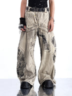 WASTELAND-STYLE SPIDER WEB PRINT DISTRESSED WIDE-LEG JEANS