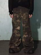 WASTELAND DIRTY DYE CARGO PANTS, FLARED CAMO WORK TROUSERS