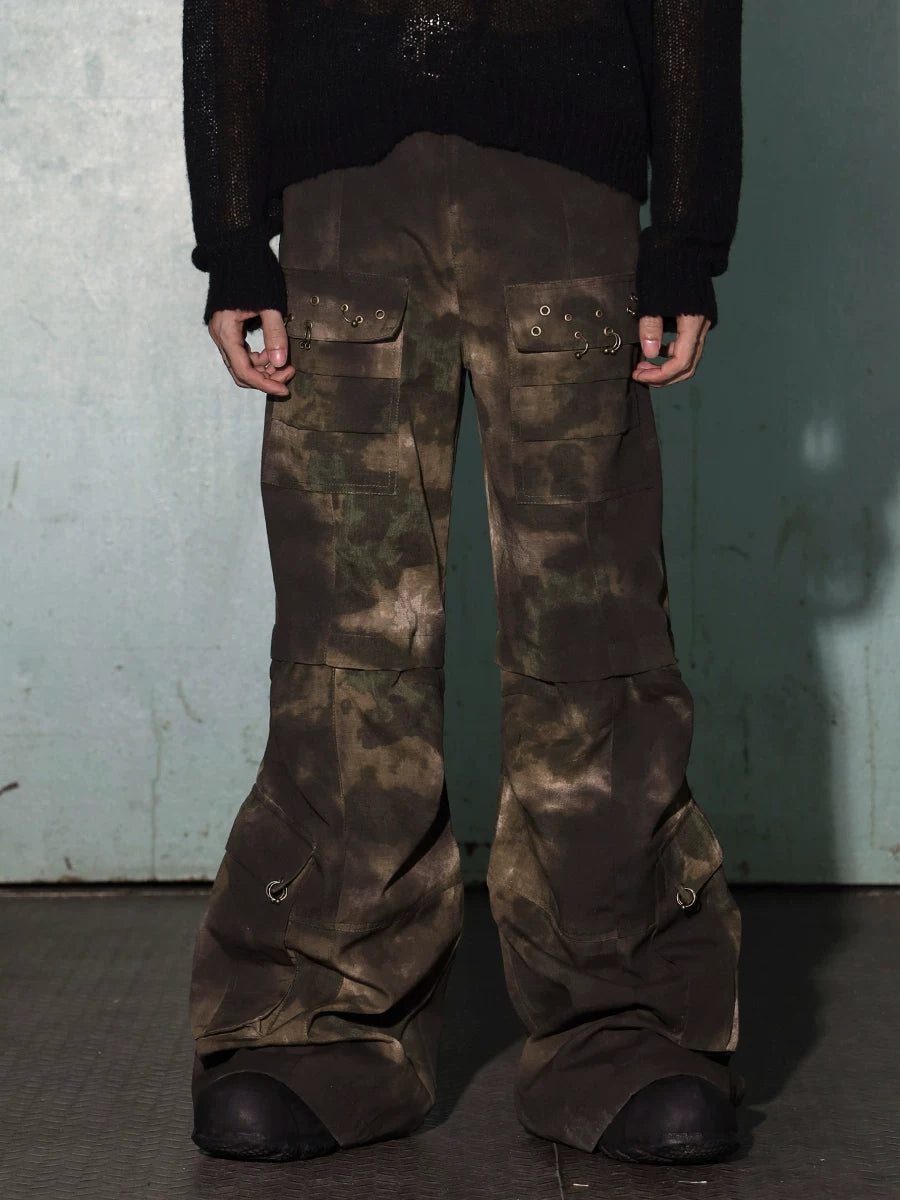 WASTELAND DIRTY DYE CARGO PANTS, FLARED CAMO WORK TROUSERS