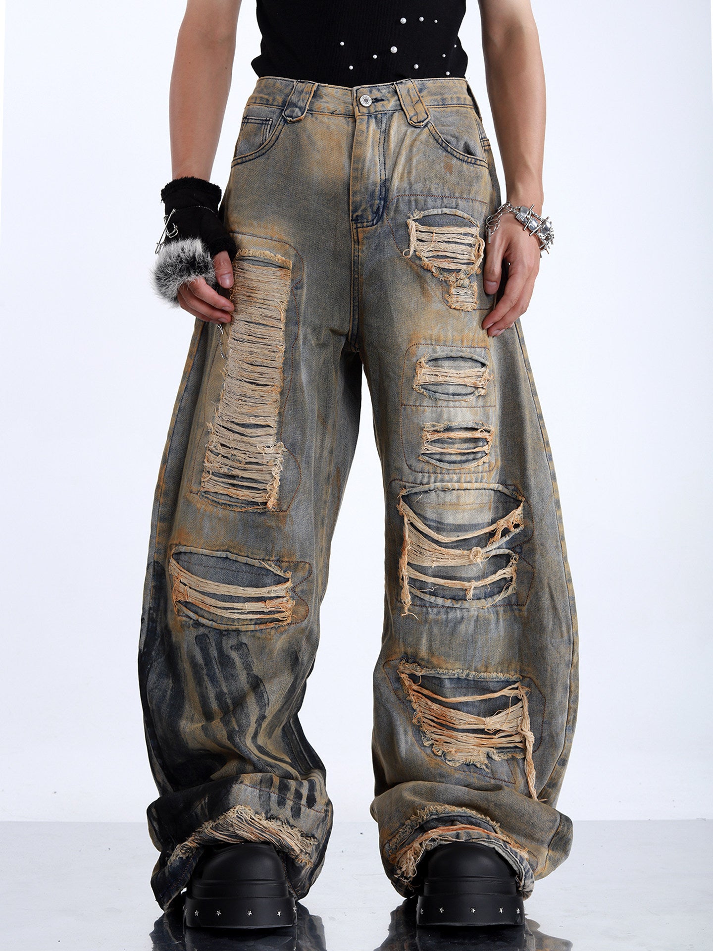 AMERICAN-STYLE LOOSE-FIT DISTRESSED STREETWEAR JEANS