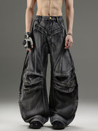 VINTAGE DISTRESSED UNISEX RIPPED WIDE‑LEG CARGO DENIM PANTS