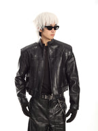 MEN'S BIKER STYLE GRADIENT CROPPED PUNK LEATHER JACKET SET