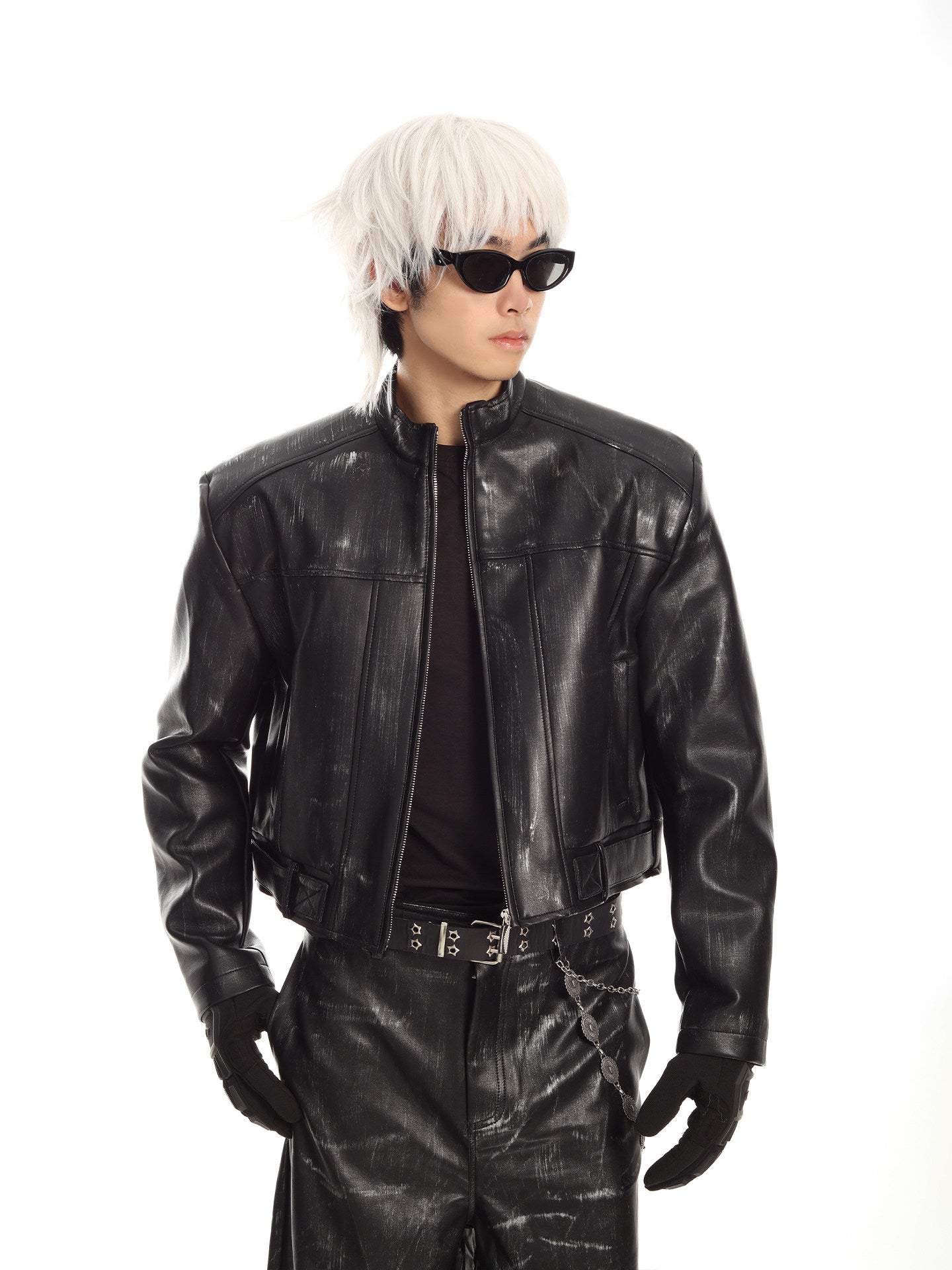 MEN'S BIKER STYLE GRADIENT CROPPED PUNK LEATHER JACKET SET