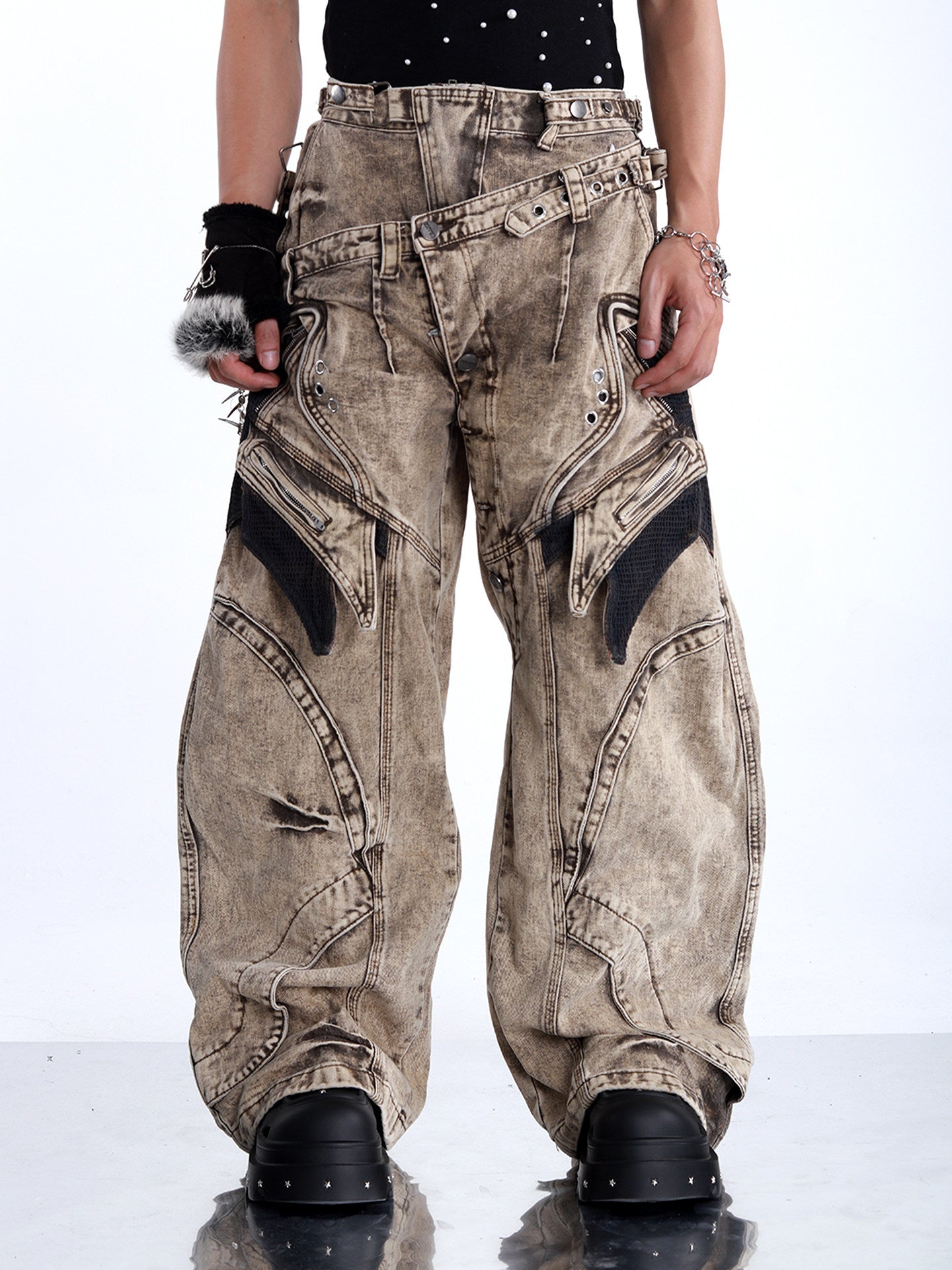 HEAVY-DUTY WASTELAND-STYLE ASYMMETRIC LAYERED DENIM JEANS