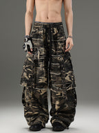 CAMOUFLAGE WIDE-LEG FAUX LAYERED DISTRESSED CARGO PANTS