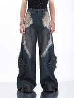 HEAVY-DUTY DRAGON SCALE 3D RAW-EDGE PATCHWORK WASHED JEANS