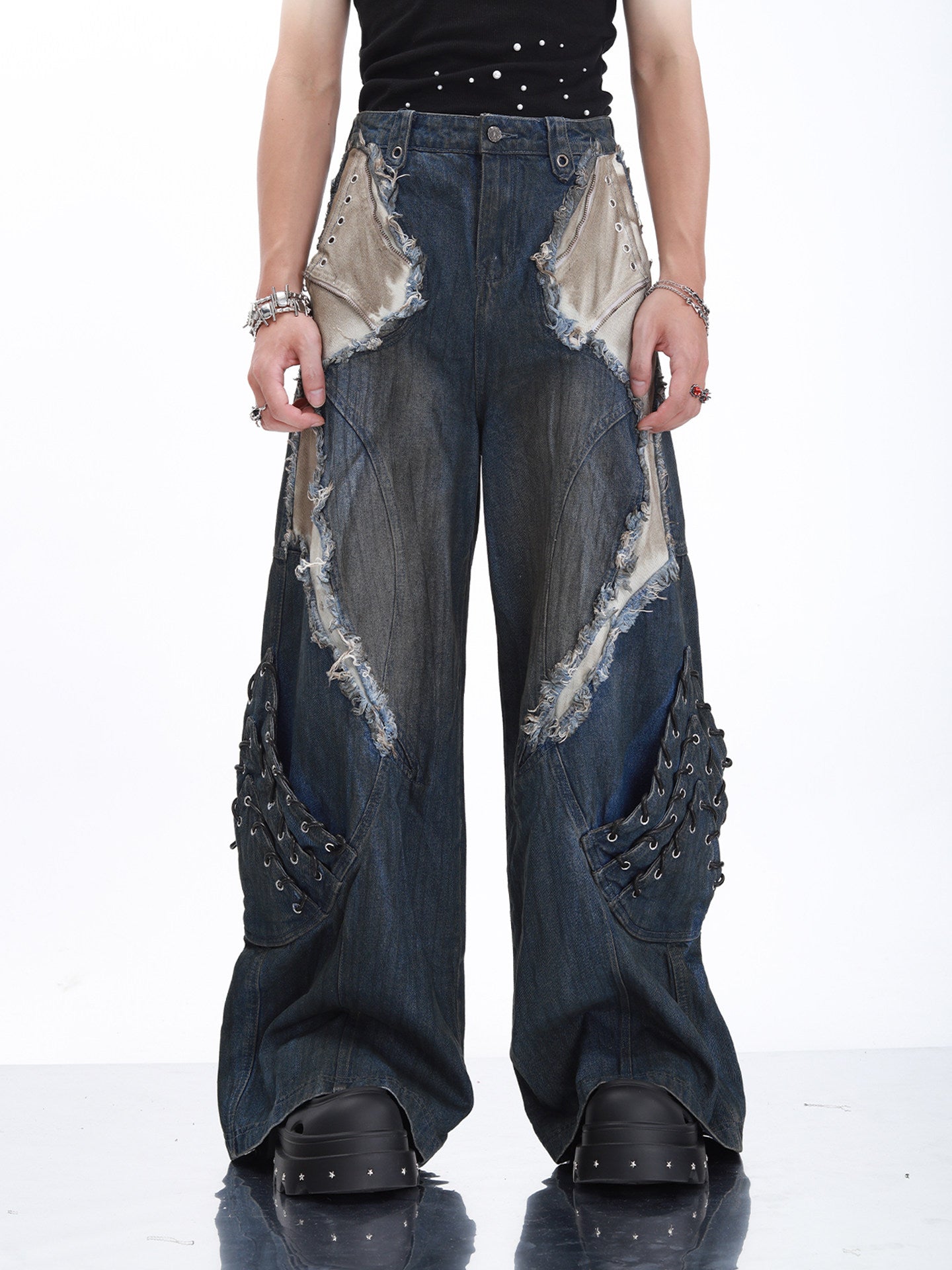 HEAVY-DUTY DRAGON SCALE 3D RAW-EDGE PATCHWORK WASHED JEANS