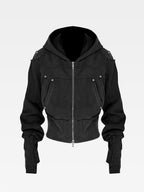 WASHED FAUX LEATHER ARMOR‑SHOULDER MULTI‑POCKET HOODIE