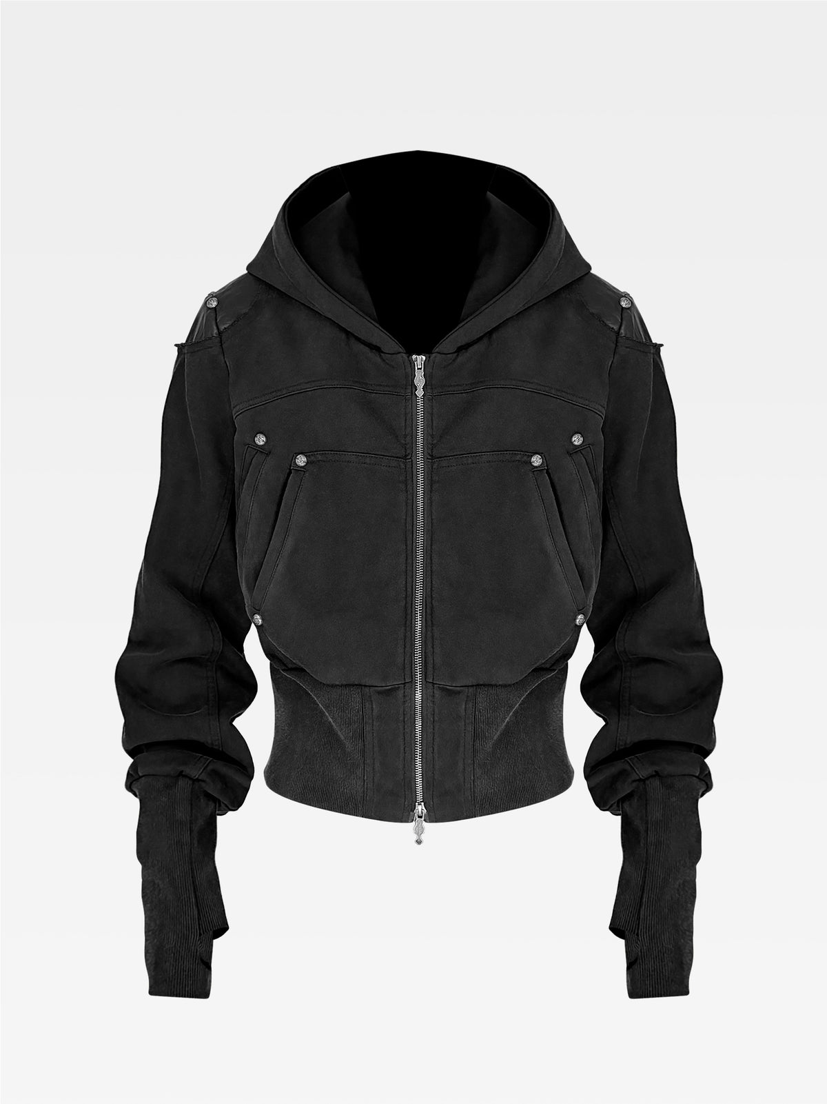 WASHED FAUX LEATHER ARMOR‑SHOULDER MULTI‑POCKET HOODIE