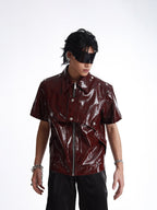 DARK PATCHWORK COLLARED LEATHER T-SHIRT