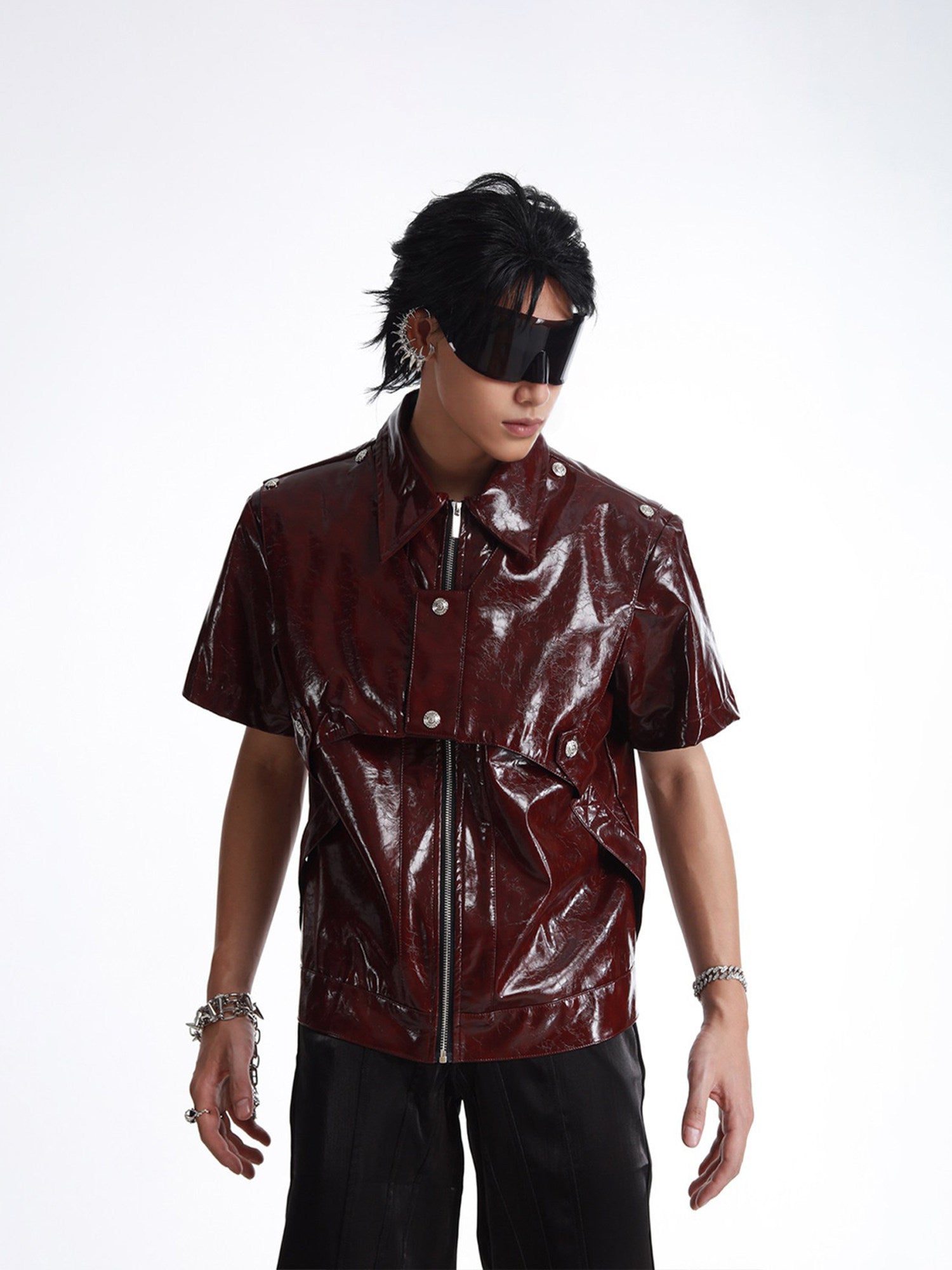 DARK PATCHWORK COLLARED LEATHER T-SHIRT