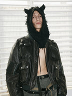 DISTRESSED WASH DEVIL HORN EAR FAUX YARN BEANIE UNISEX