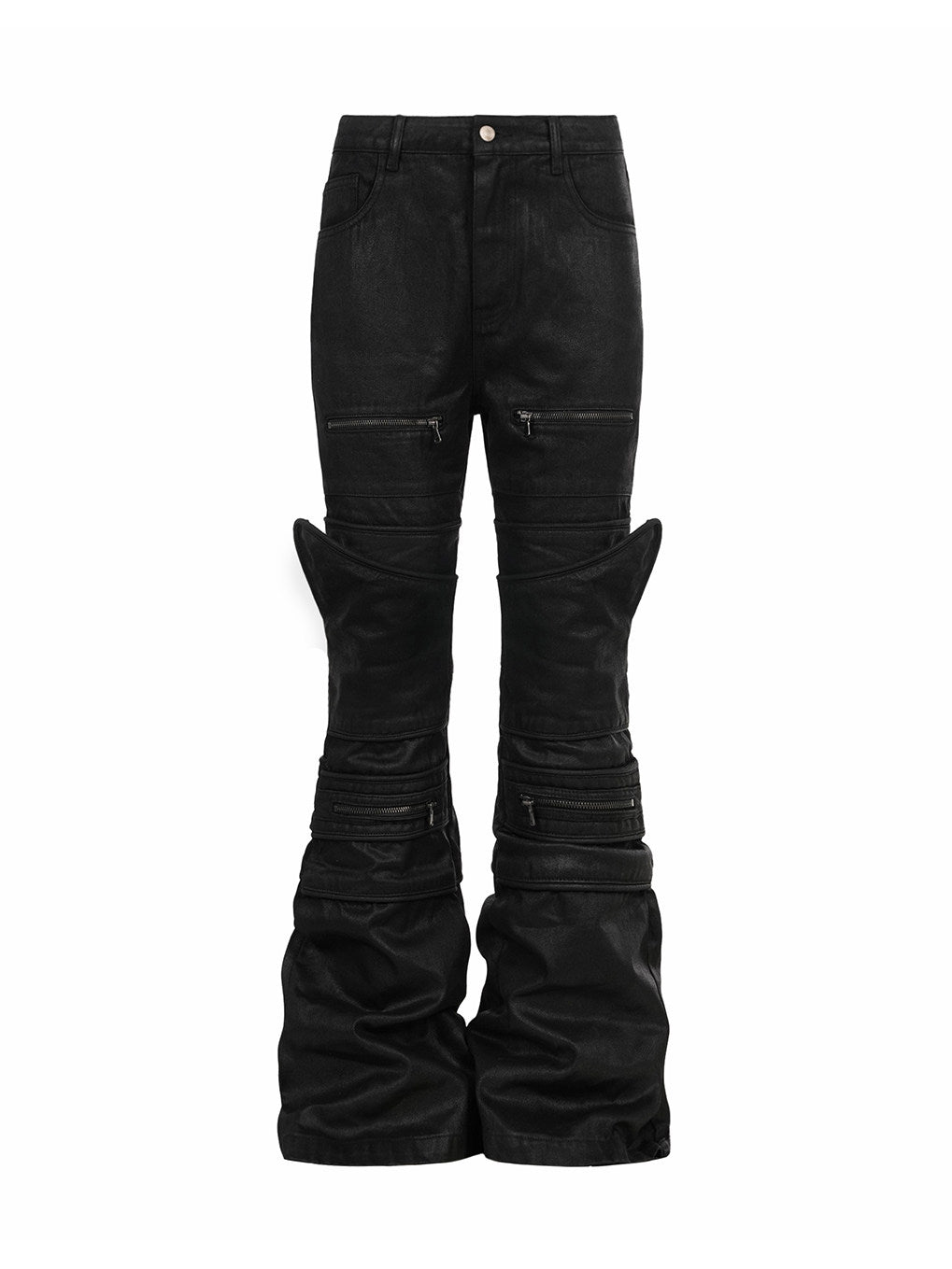 IRREGULAR STRUCTURE WAXED FLARED PANTS
