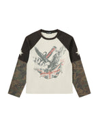 EAGLE & FLAG PATCHWORK CAMO DISTRESSED WASHED LONG-SLEEVE TOP