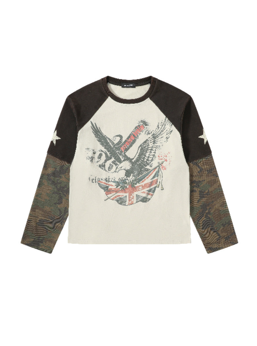 EAGLE & FLAG PATCHWORK CAMO DISTRESSED WASHED LONG-SLEEVE TOP
