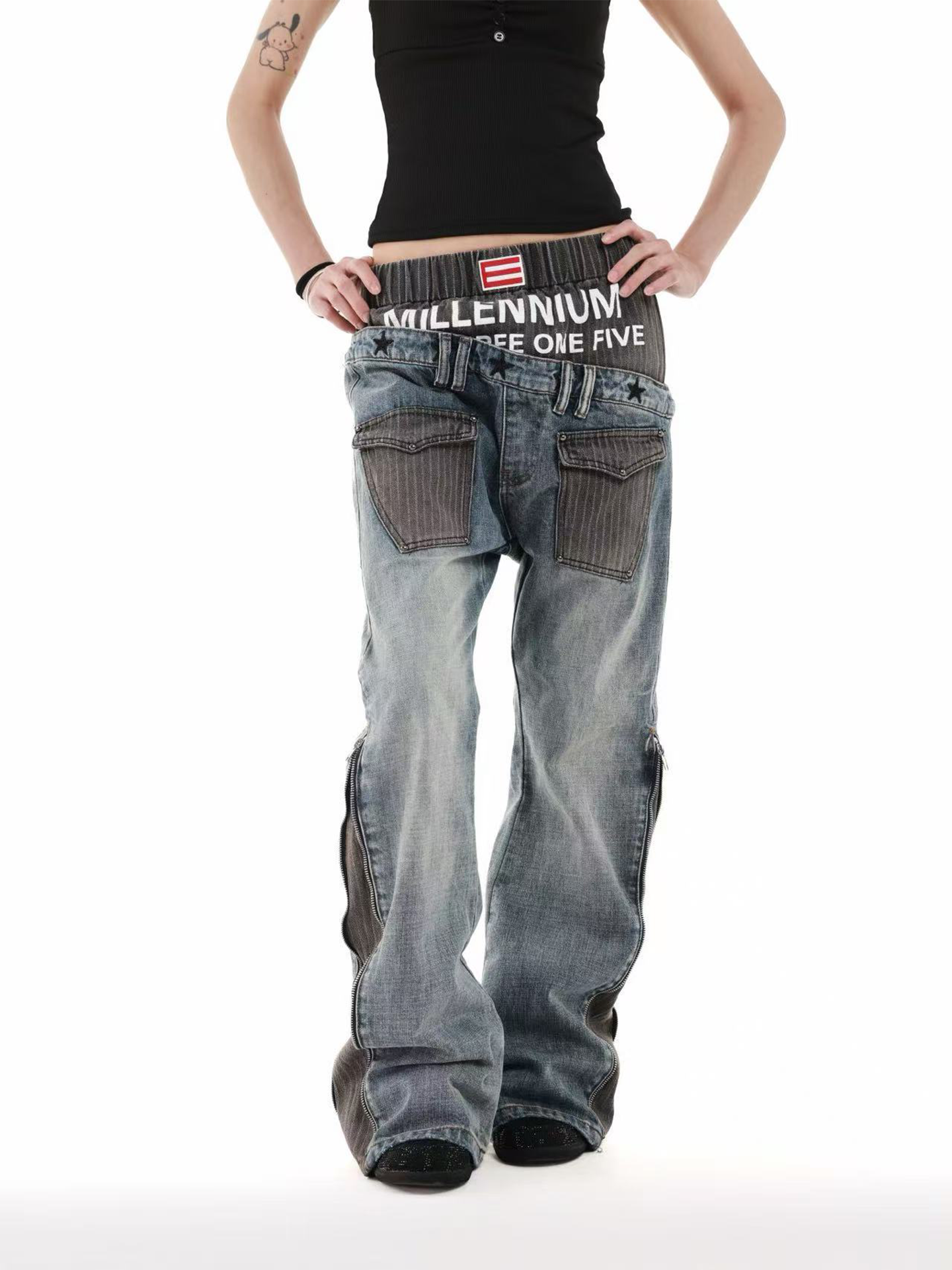 DOUBLE WAIST EMBROIDERY SLIM WASHED BLUE JEANS