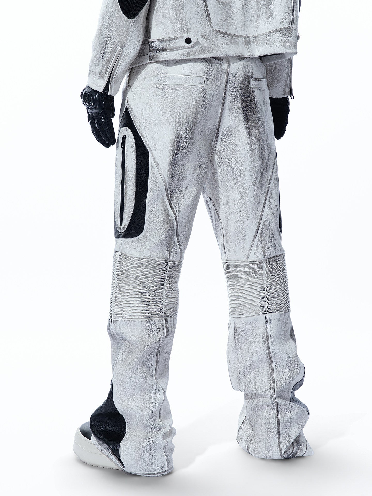 WASHED HIGH‑STREET NICHE SPLICED TECHWEAR LEATHER PANTS