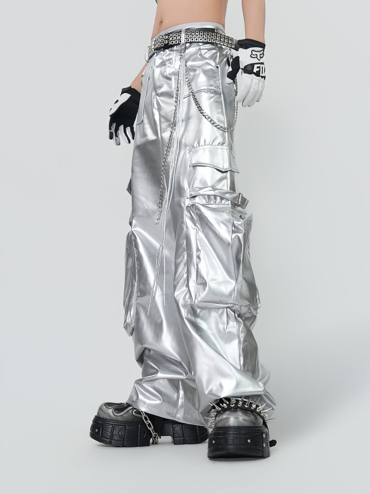 PUNK SILVER CARGO SHINY COATED WIDE STRAIGHT LEG PANTS