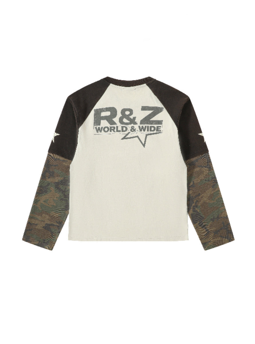 EAGLE & FLAG PATCHWORK CAMO DISTRESSED WASHED LONG-SLEEVE TOP