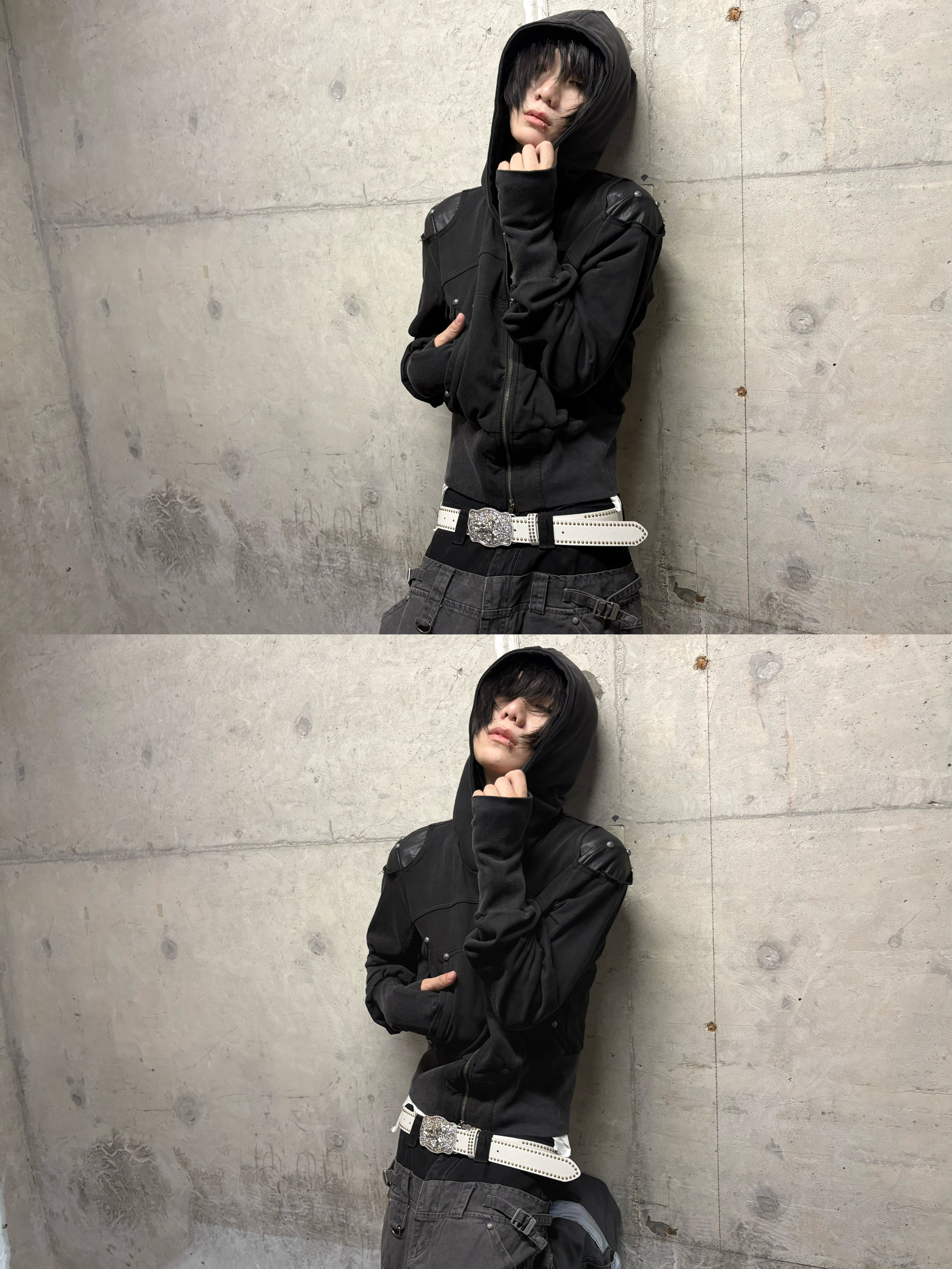 WASHED FAUX LEATHER ARMOR‑SHOULDER MULTI‑POCKET HOODIE Secondary image