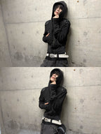 WASHED FAUX LEATHER ARMOR‑SHOULDER MULTI‑POCKET HOODIE