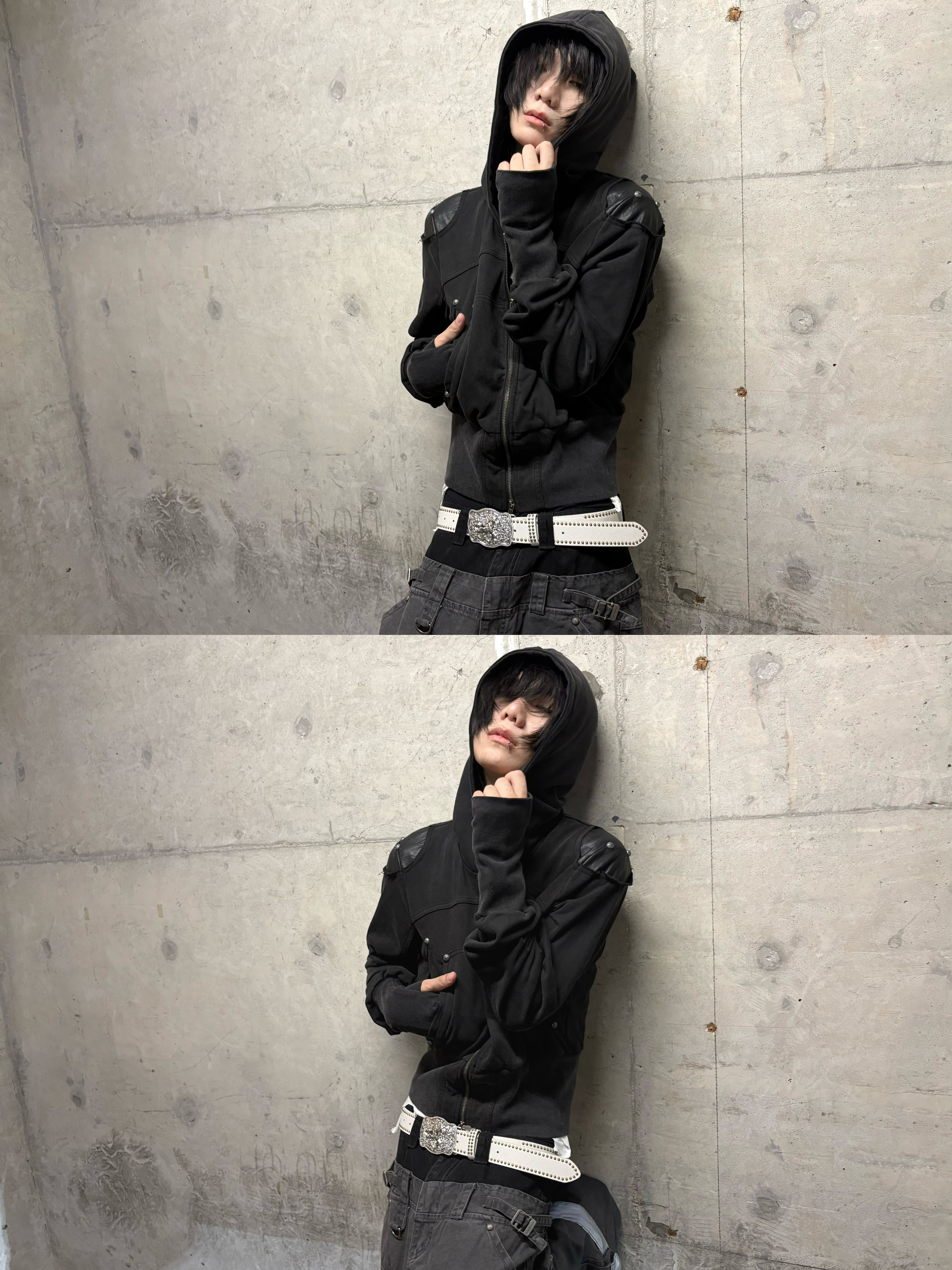 WASHED FAUX LEATHER ARMOR‑SHOULDER MULTI‑POCKET HOODIE