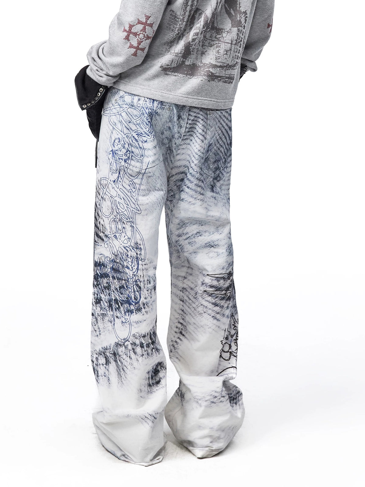 VINTAGE BLIZZARD PRINT BRUSHED TWILL WHITE STRAIGHT LEG DENIM PANTS