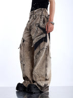 HEAVY-DUTY WASTELAND-STYLE ASYMMETRIC LAYERED DENIM JEANS