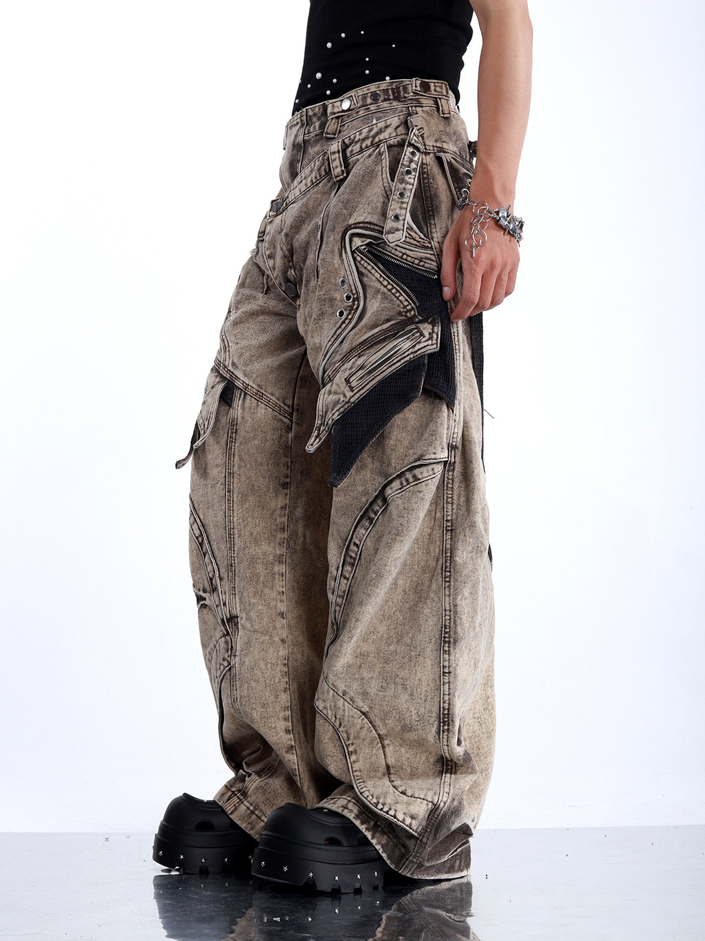 HEAVY-DUTY WASTELAND-STYLE ASYMMETRIC LAYERED DENIM JEANS