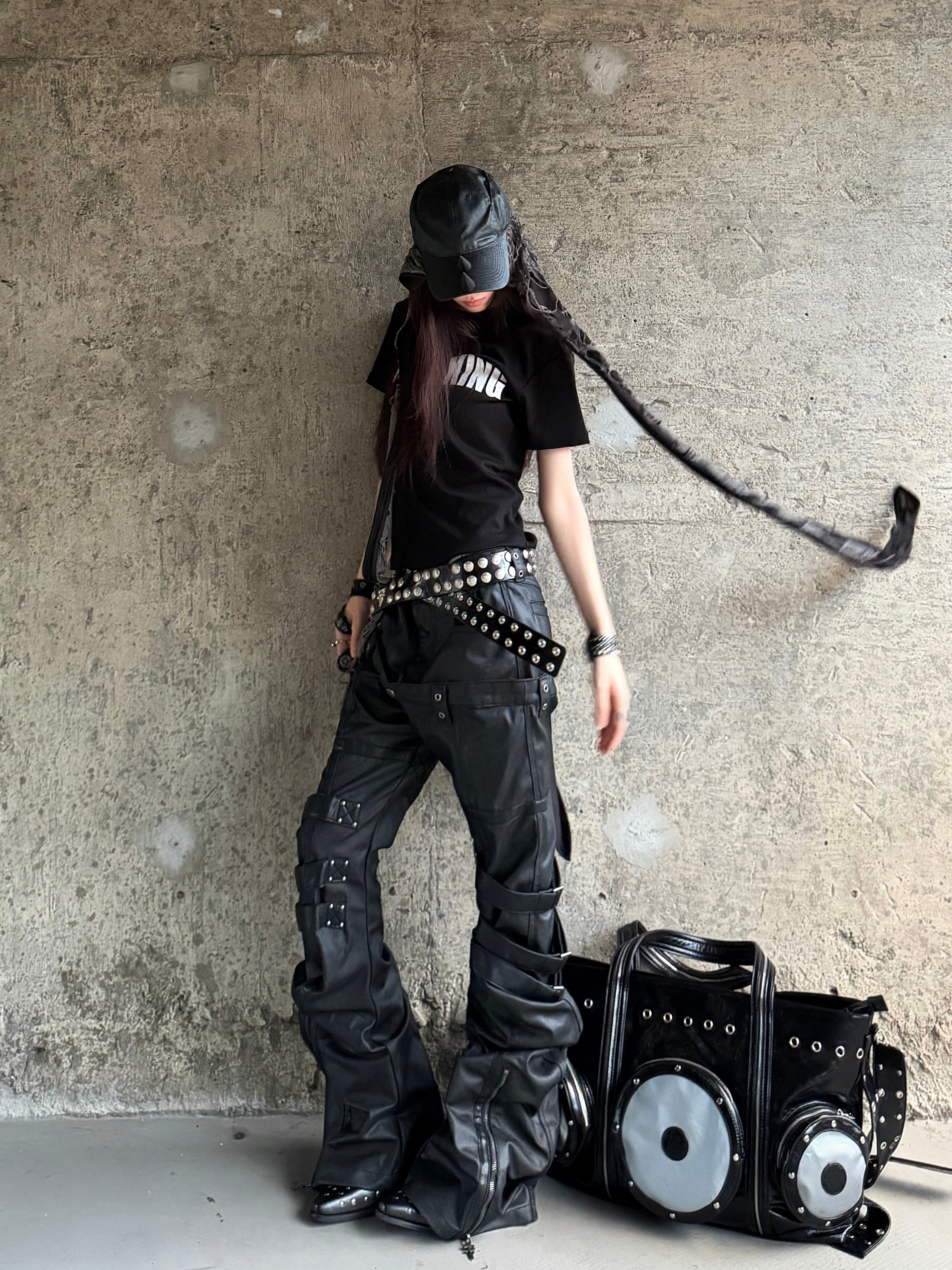 WAXED PATCHWORK STACKED STRAP DOUBLE‑WAIST CURVED SKINNY PANTS