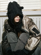 DISTRESSED WASH DEVIL HORN EAR FAUX YARN BEANIE UNISEX