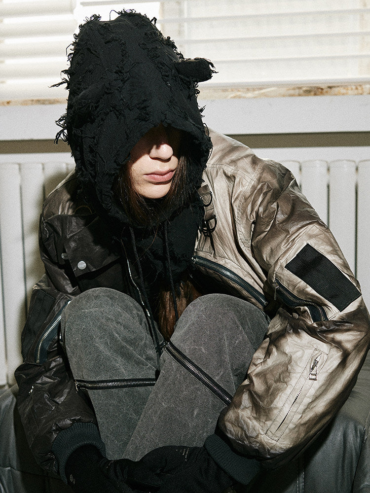 DISTRESSED WASH DEVIL HORN EAR FAUX YARN BEANIE UNISEX
