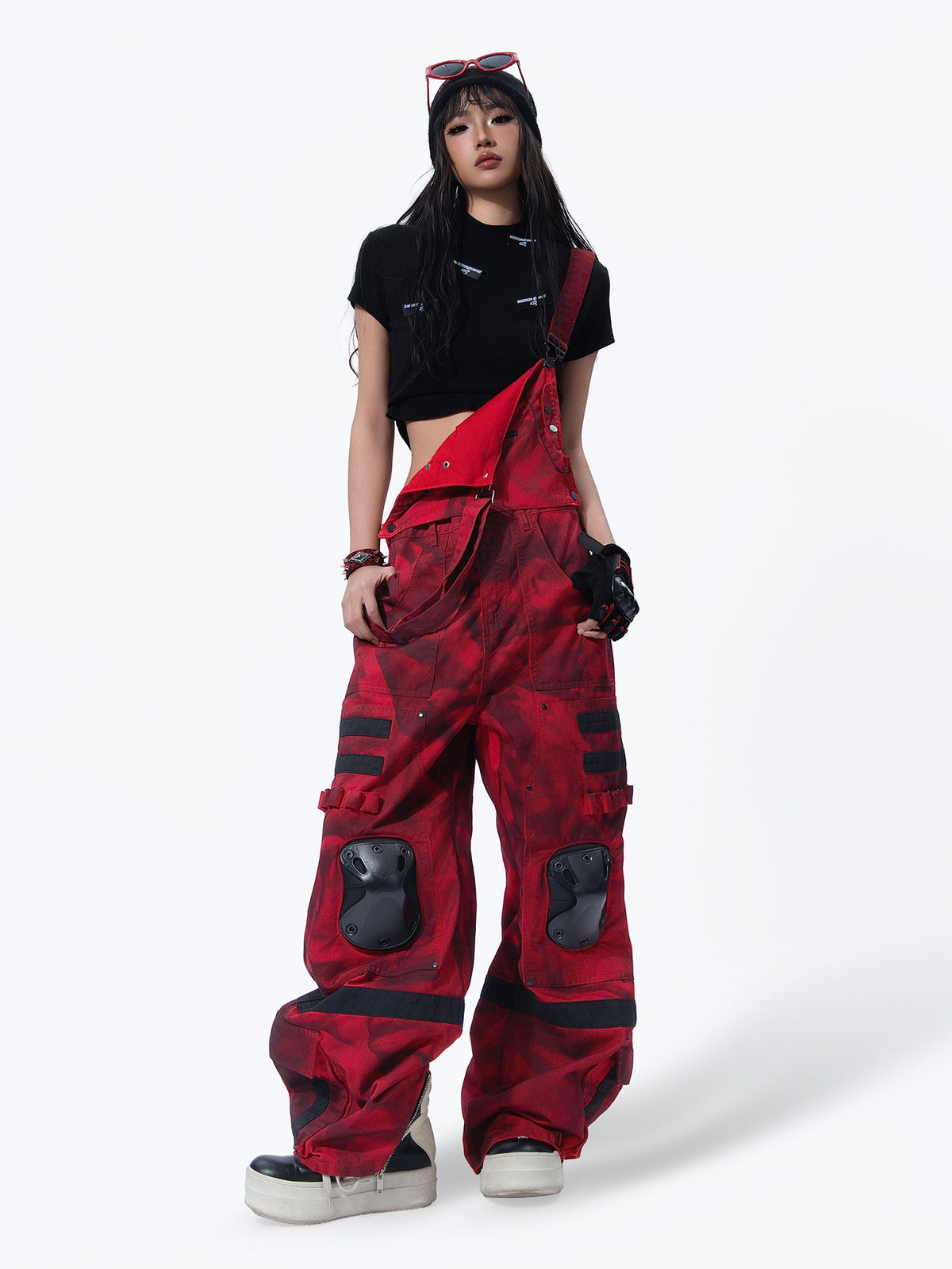 CYBERPUNK STYLE MULTI POCKET CARGO PANTS WITH KNEE GUARD DECOR