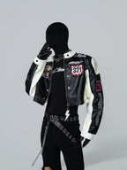 VINTAGE BIKER PU LEATHER EMBROIDERED STAND COLLAR CROPPED RACING JACKET