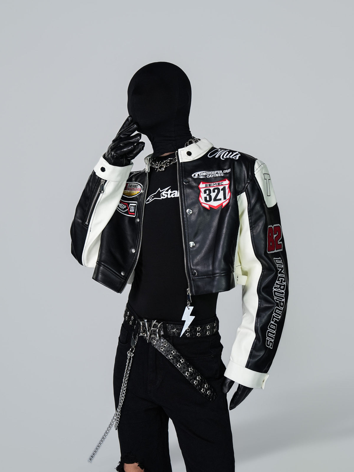 VINTAGE BIKER PU LEATHER EMBROIDERED STAND COLLAR CROPPED RACING JACKET