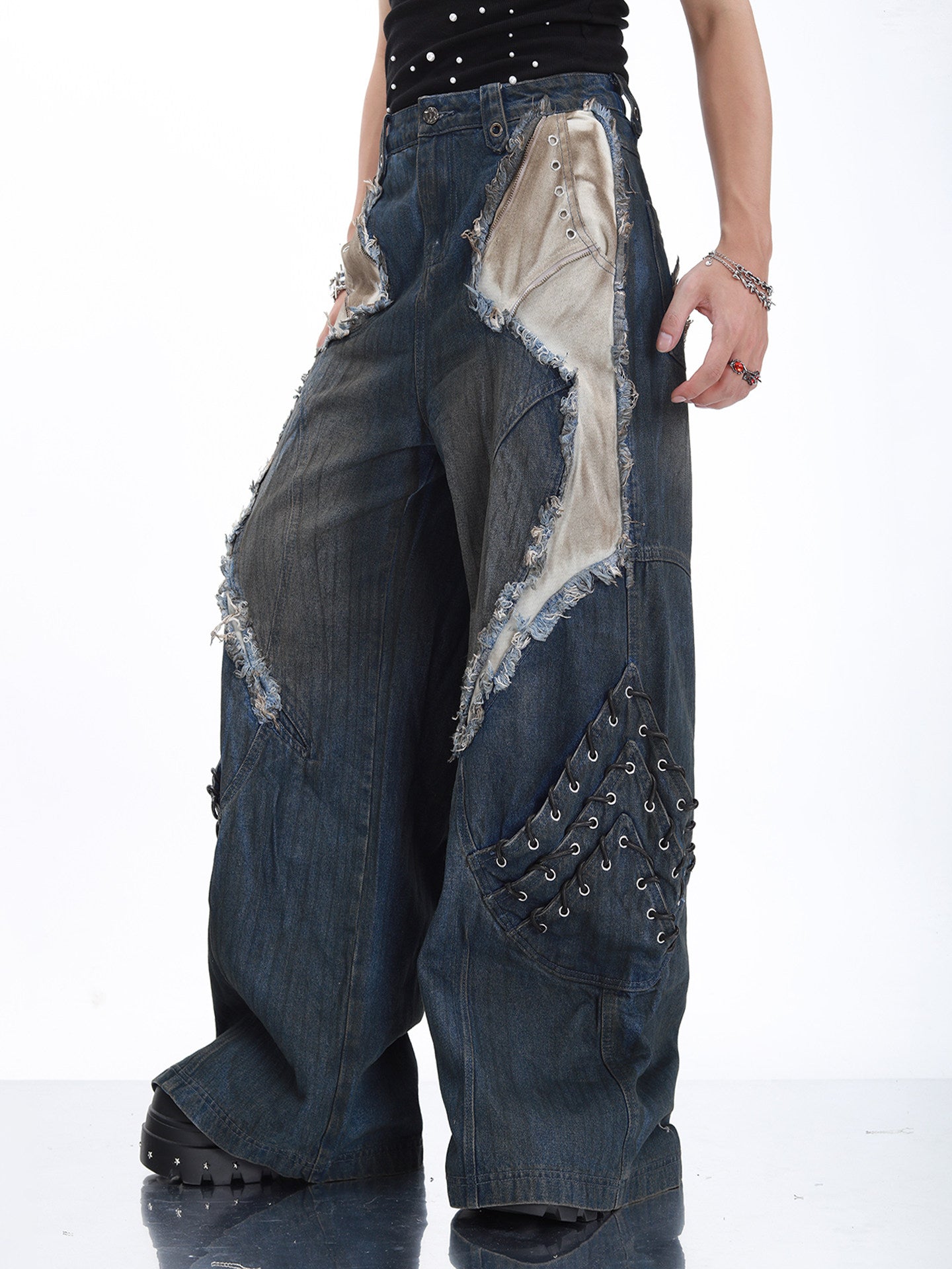 HEAVY-DUTY DRAGON SCALE 3D RAW-EDGE PATCHWORK WASHED JEANS