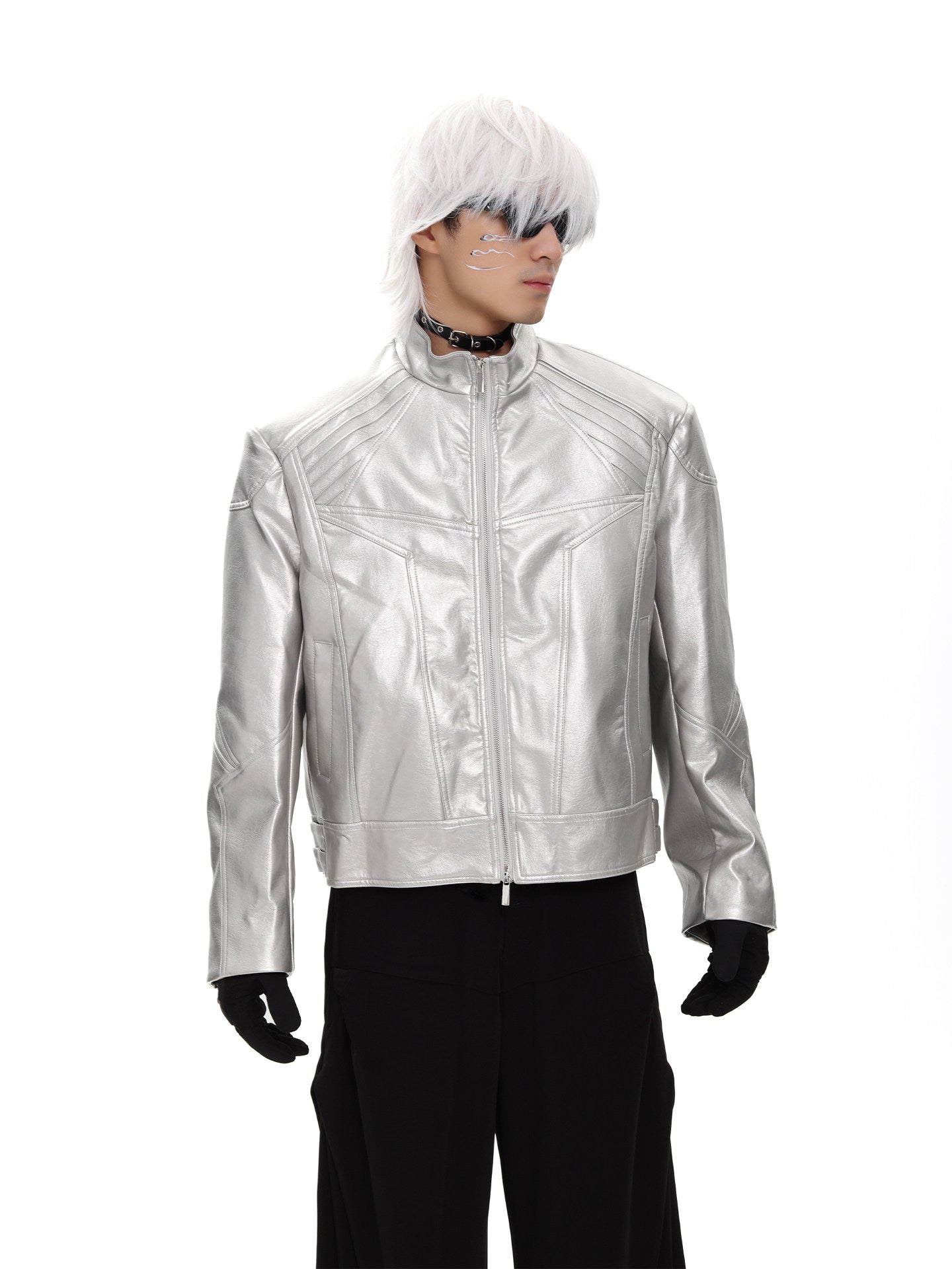 SILVER METAL BONE NICHE OVERSIZED LEATHER JACKET