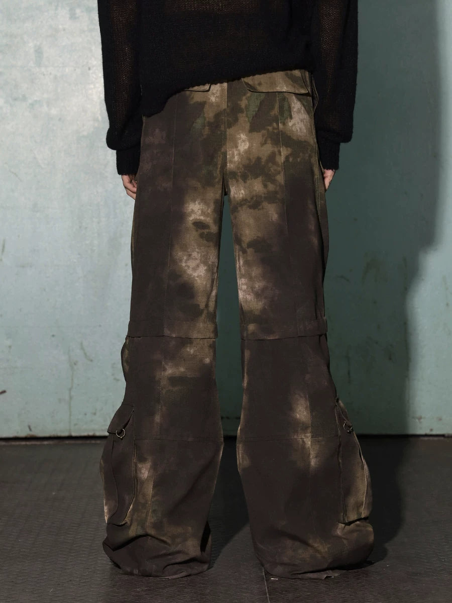 WASTELAND DIRTY DYE CARGO PANTS, FLARED CAMO WORK TROUSERS