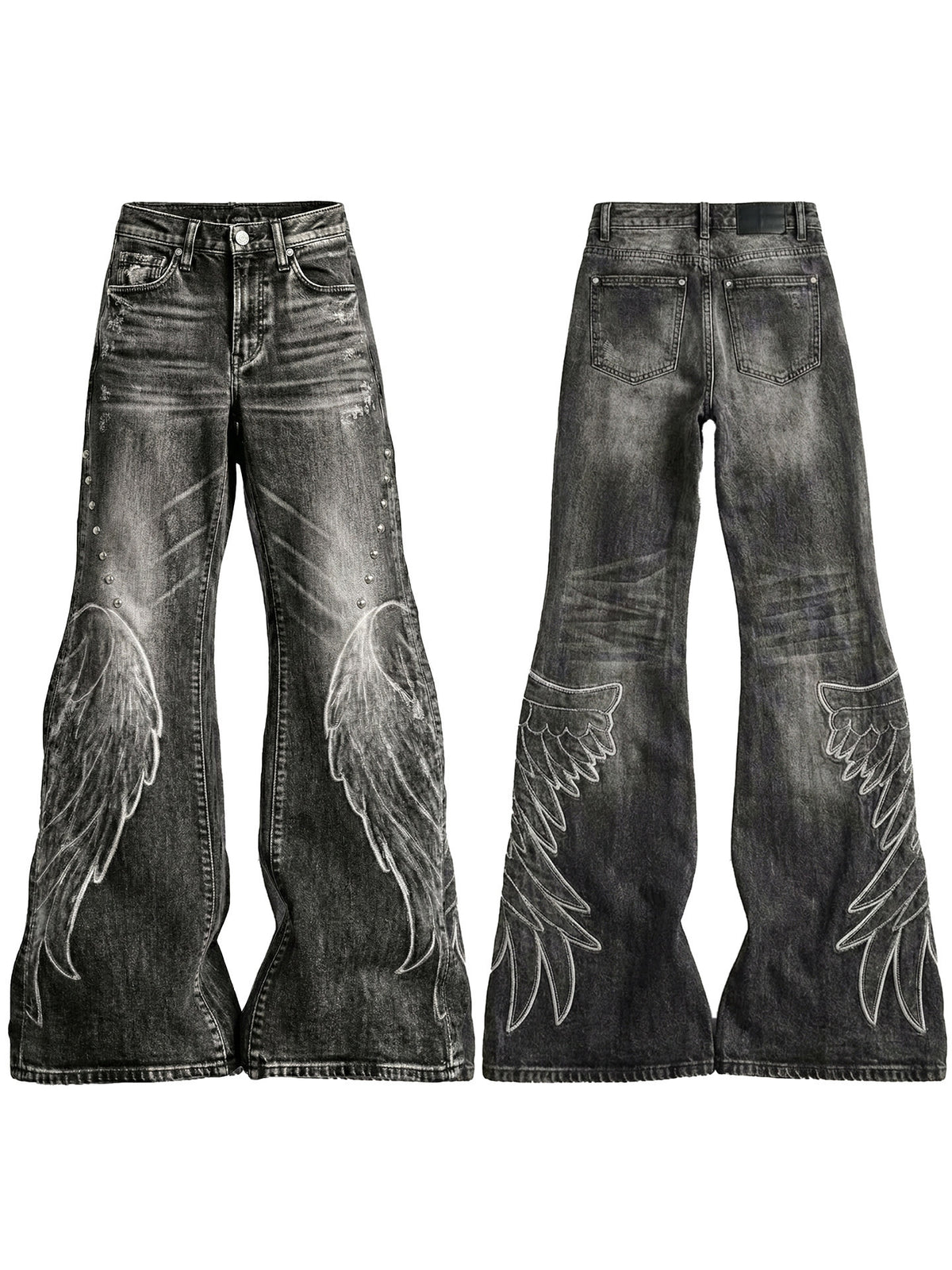 ANGEL DISTRESSED WING PATCH EMBROIDERY FLARE VERSATILE CASUAL JEANS