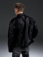 HEAVYWEIGHT ZIPPER OVERSIZED PADDED‑SHOULDER MOTOR LEATHER JACKET