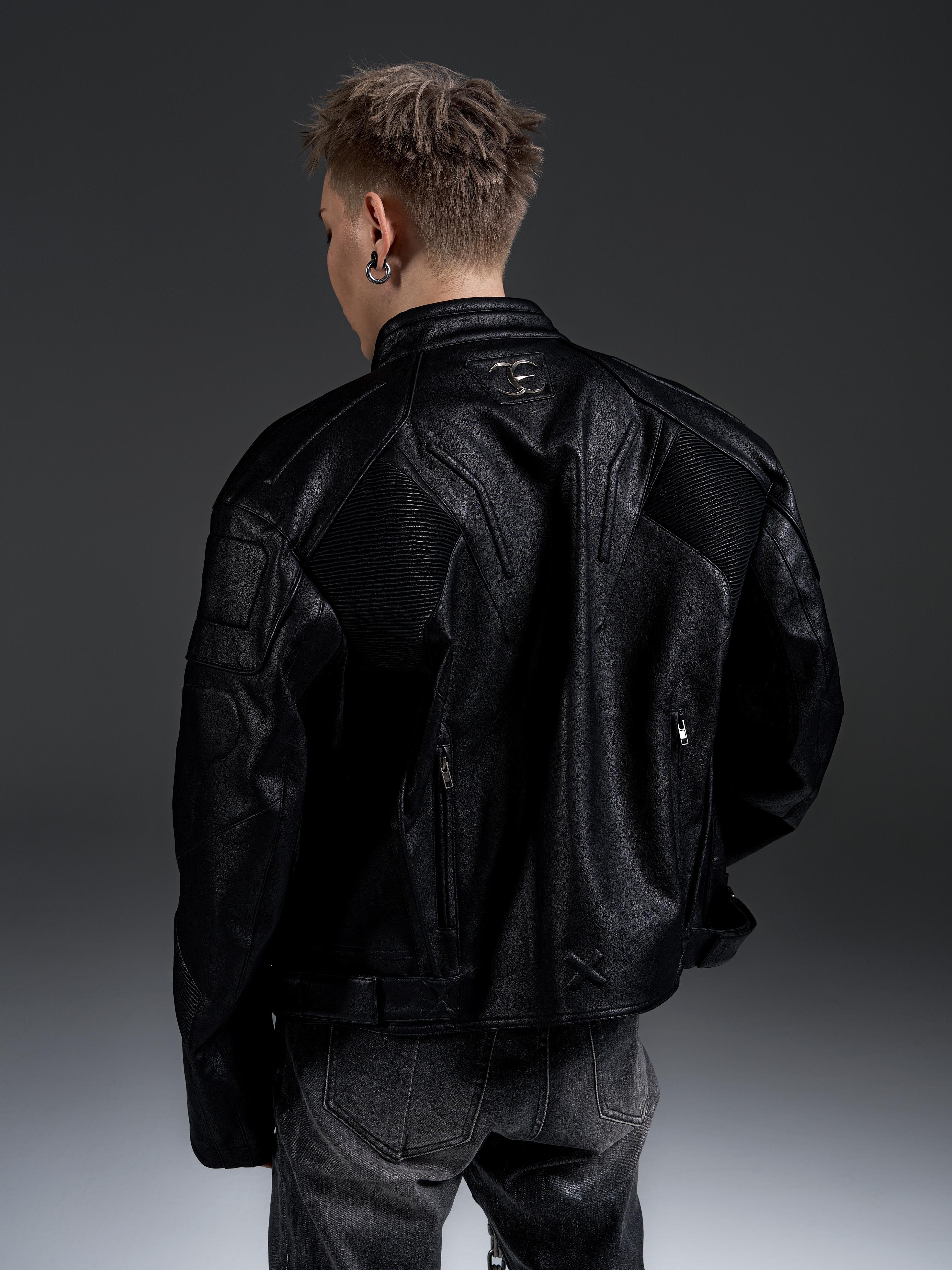 HEAVYWEIGHT ZIPPER OVERSIZED PADDED‑SHOULDER MOTOR LEATHER JACKET