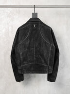 HEAVY‑DUTY WAXED LAPEL COLLAR DUAL‑ZIPPER CROPPED WIDE TWILL BIKER JACKET