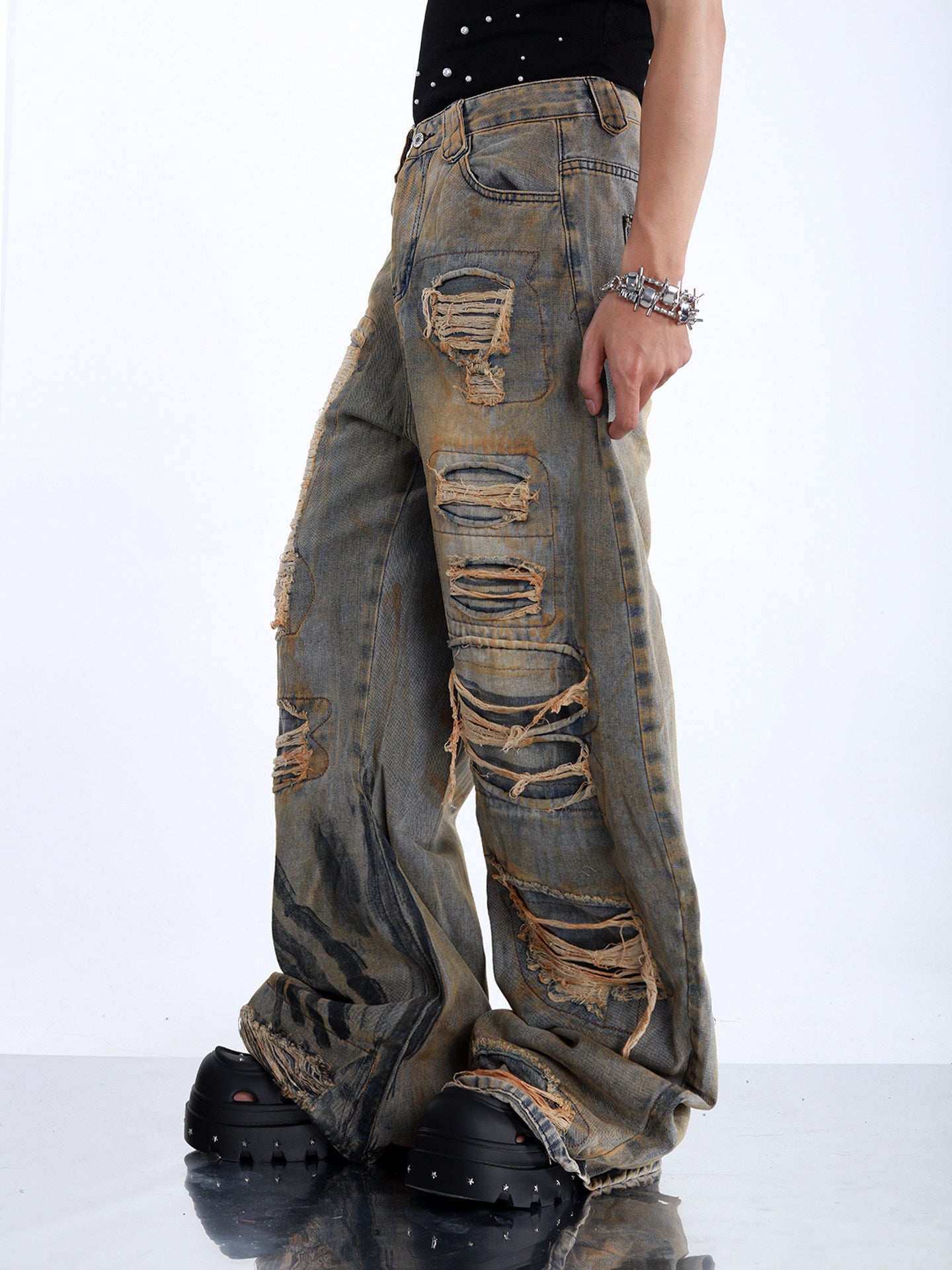AMERICAN-STYLE LOOSE-FIT DISTRESSED STREETWEAR JEANS
