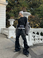 BLACK LIQUID METAL COATED ZIPPER WAXED FLARED PANTS